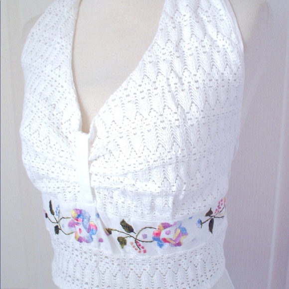 Vintage Mexico WHITE Crochet Embroidered HalterTop - Picture 3 of 16